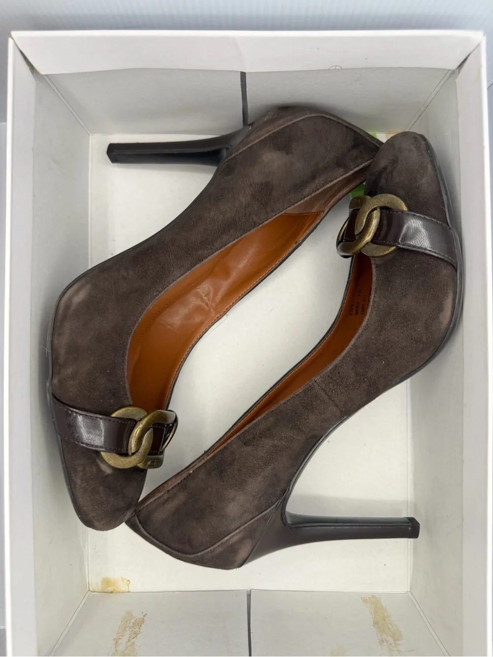 Calvin Klein Dark Brown Suede Pumps with Gold Chain Accent